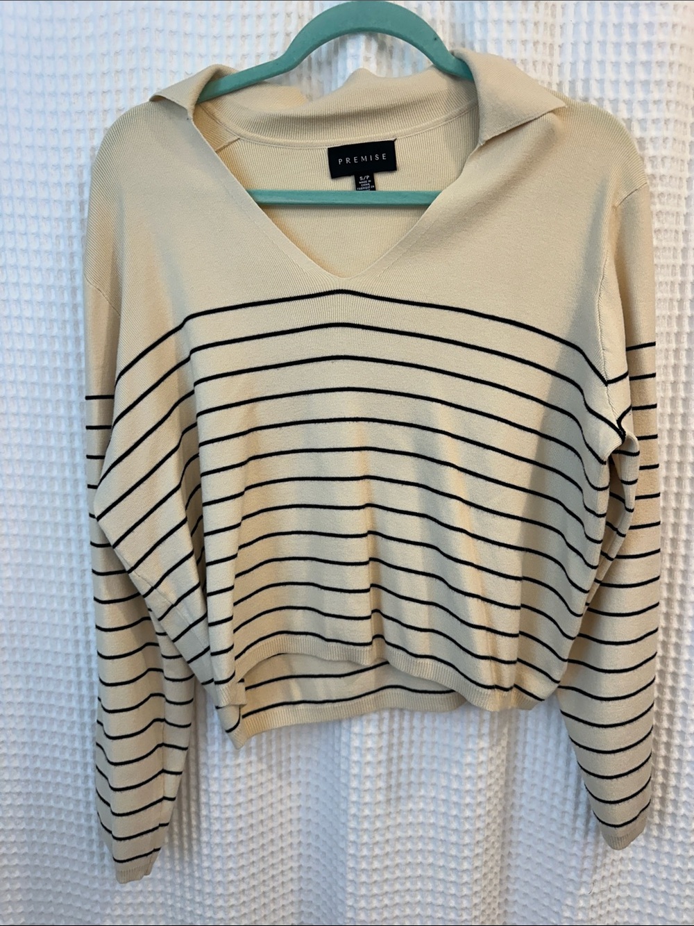 Premise Cream and Black Striped V-Neck Pullover